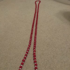 Long Beaded Red and White Necklace